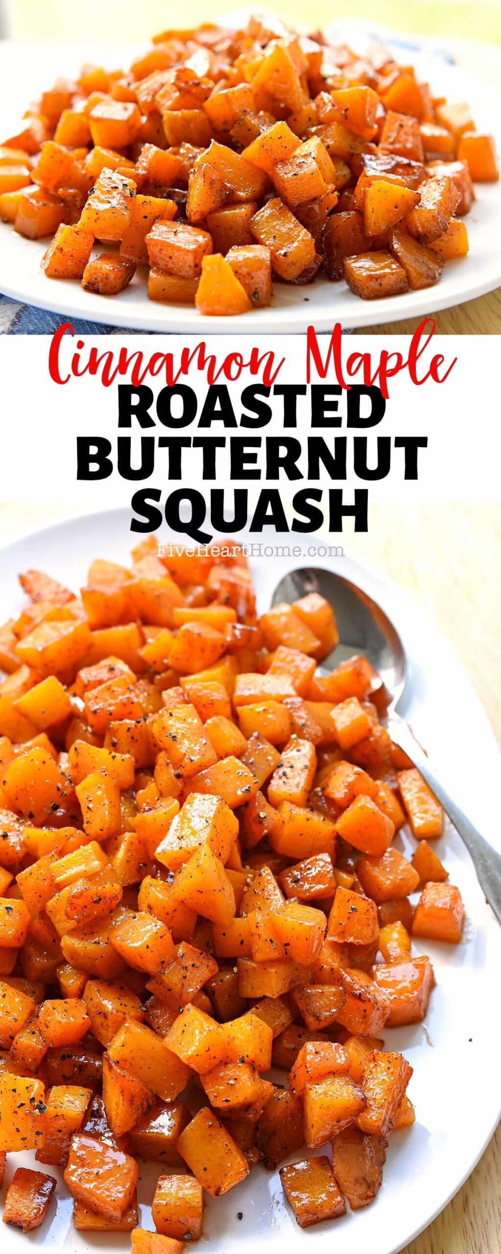 Roasted Butternut Squash with Cinnamon + Maple is a sweet and savory recipe of tender roasted squash coated with coconut oil, maple syrup, and cinnamon for a gorgeous, golden fall or winter side dish! | FiveHeartHome.com via @fivehearthome