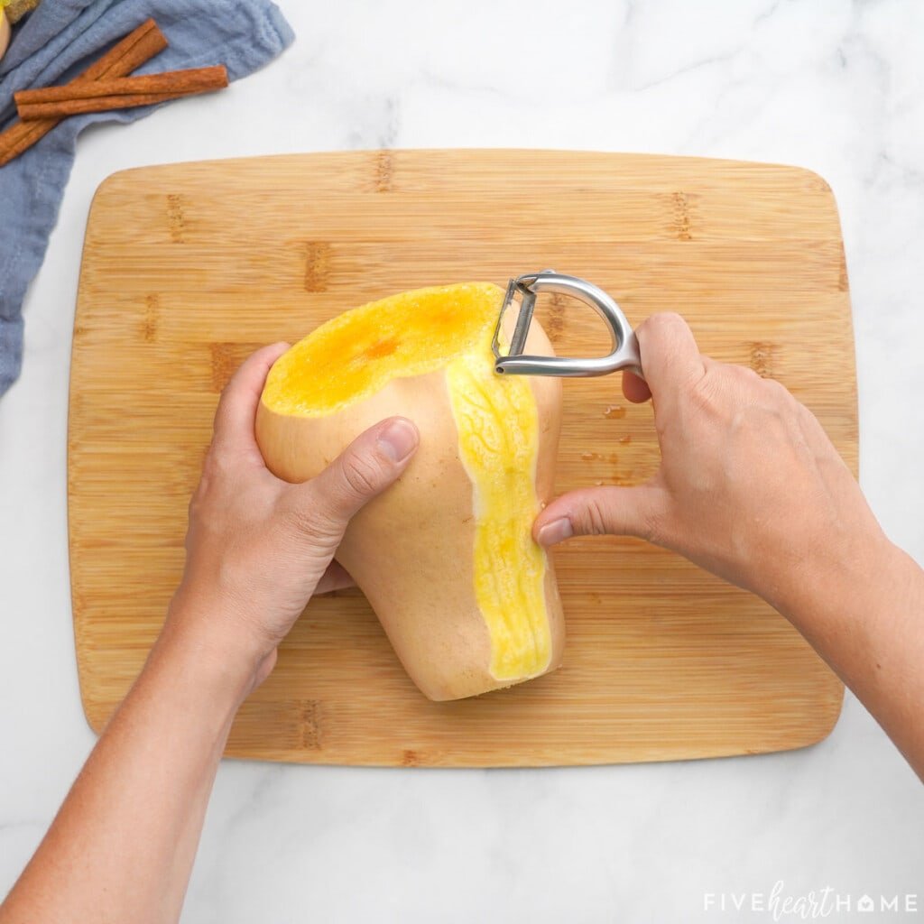 Peeling before roasting butternut squash.