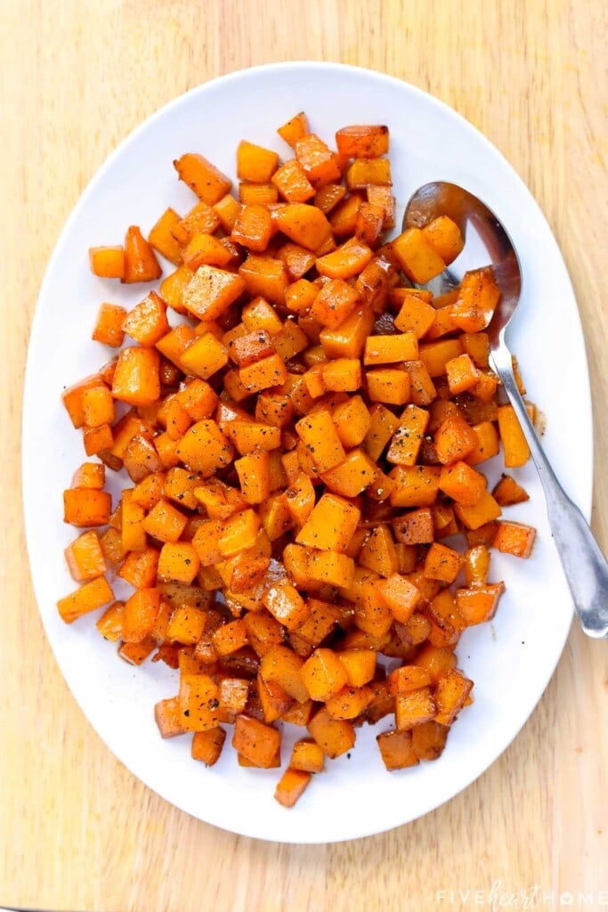 Roasted Butternut Squash cubes on aerial platter.