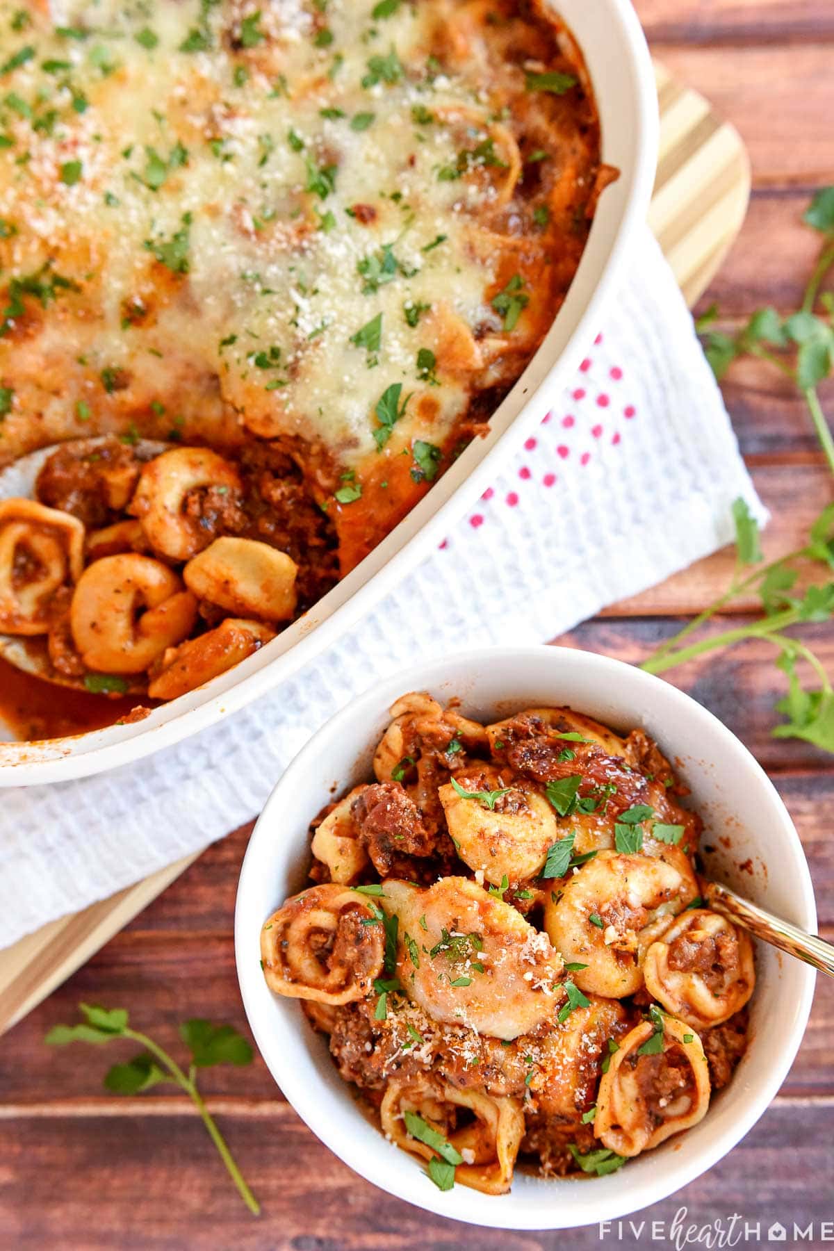 Aerial view of Baked Tortellini in baking dish and in bowl.