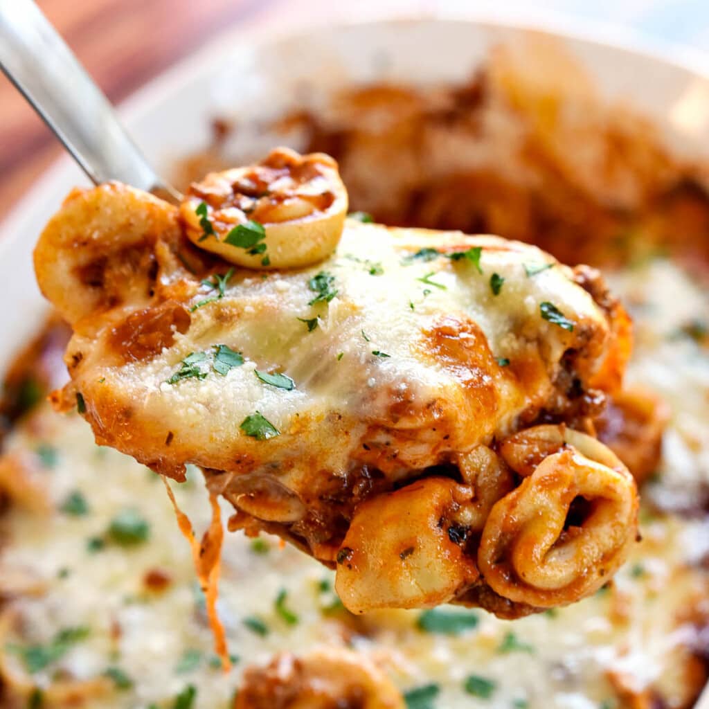 Beef Tortellini with ground beef and cheese on serving spoon.
