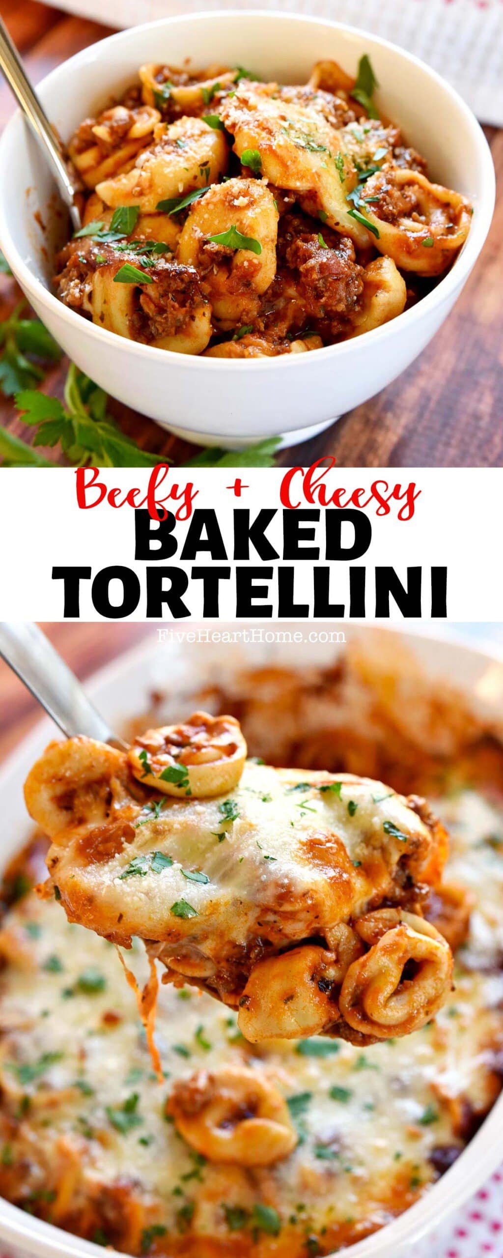 Baked Tortellini ~ loaded with cheese tortellini, ground beef, marinara sauce, and mozzarella cheese for an effortless pasta dinner that the whole family will love! | FiveHeartHome.com via @fivehearthome