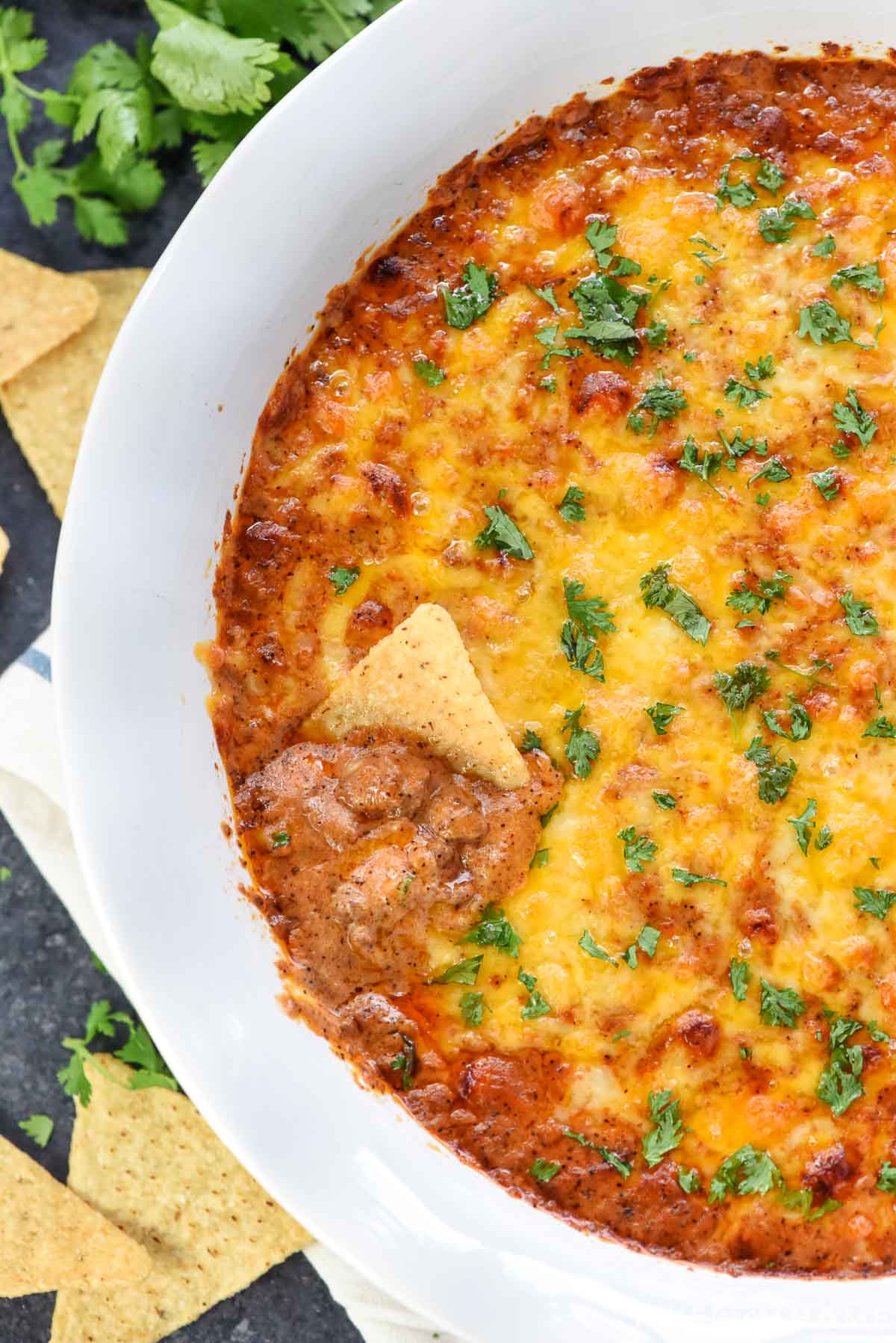 Aerial view of Beef Enchilada Dip recipe.