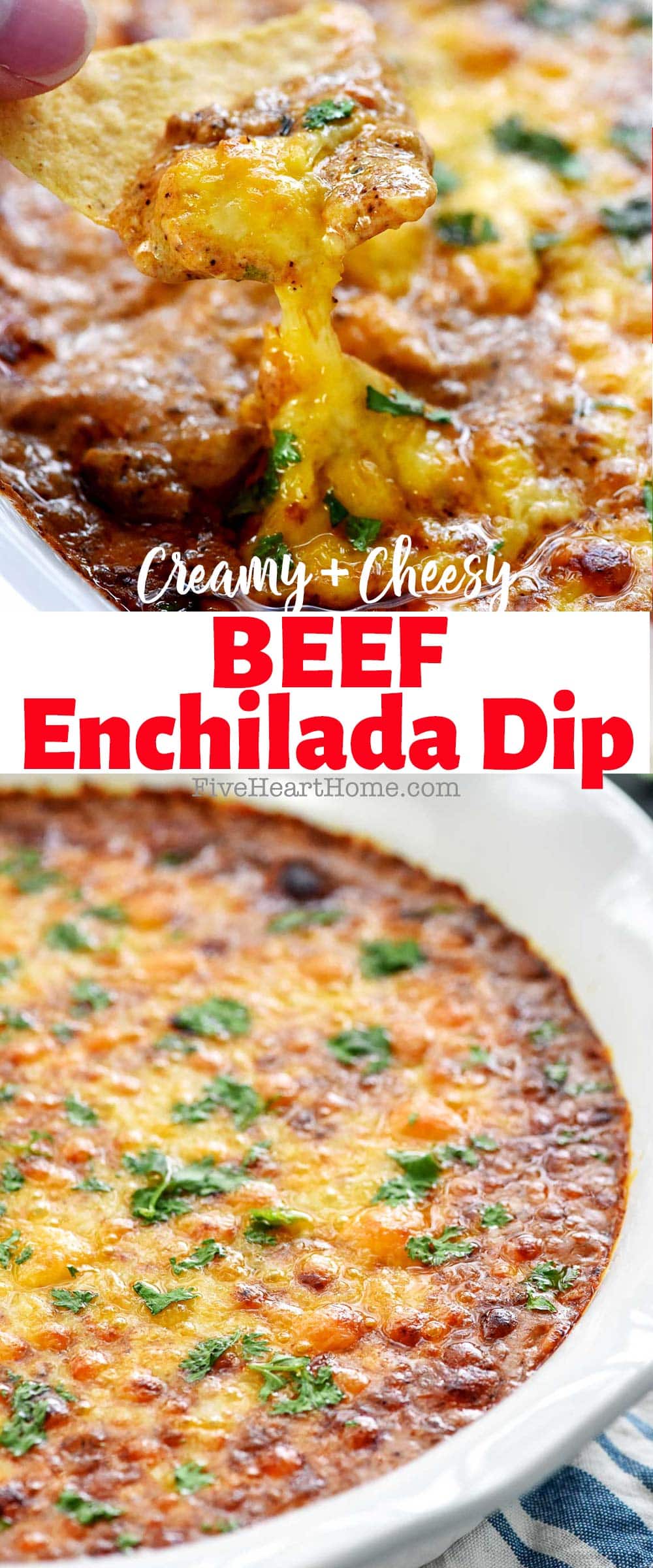 Beef Enchilada Dip ~ creamy, cheesy, and boasts the delicious flavor of beef enchiladas in an easy-to-make, addictive dip...perfect for parties, get-togethers, and game day! | FiveHeartHome.com via @fivehearthome