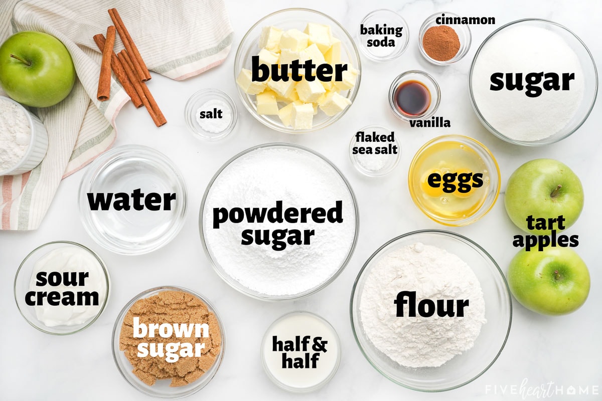 Labeled ingredients to make apple caramel cake.