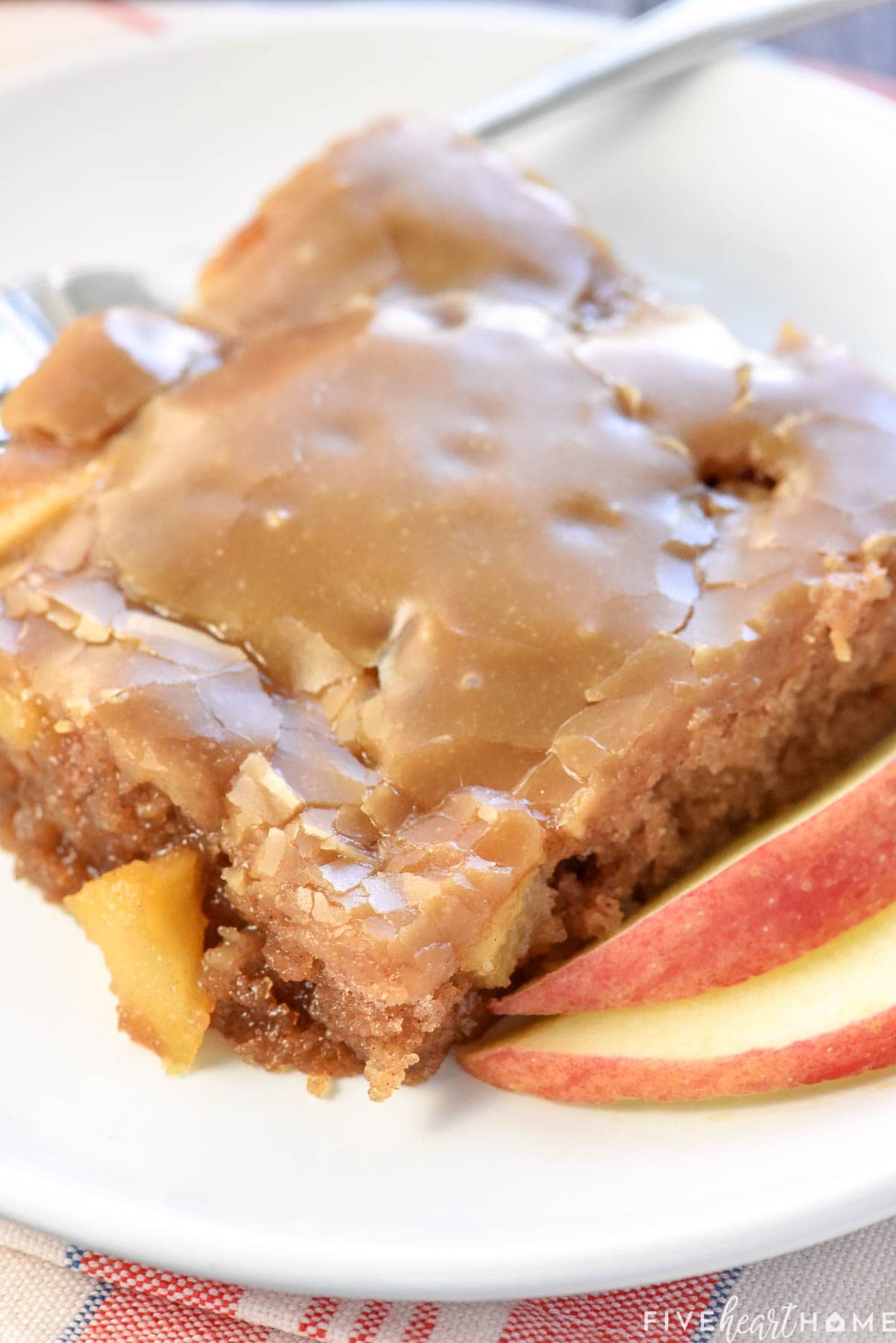 Close-up of Caramel Apple Cake showing caramel glaze.