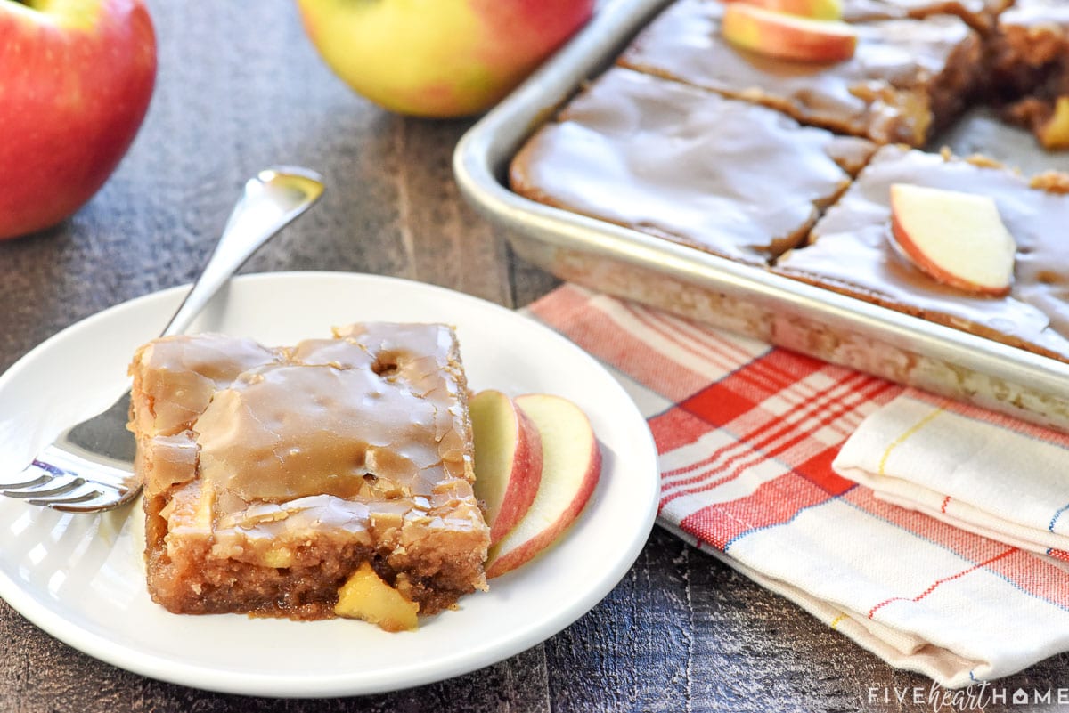 Caramel Apple Cake recipe on plate and in sheet pan.