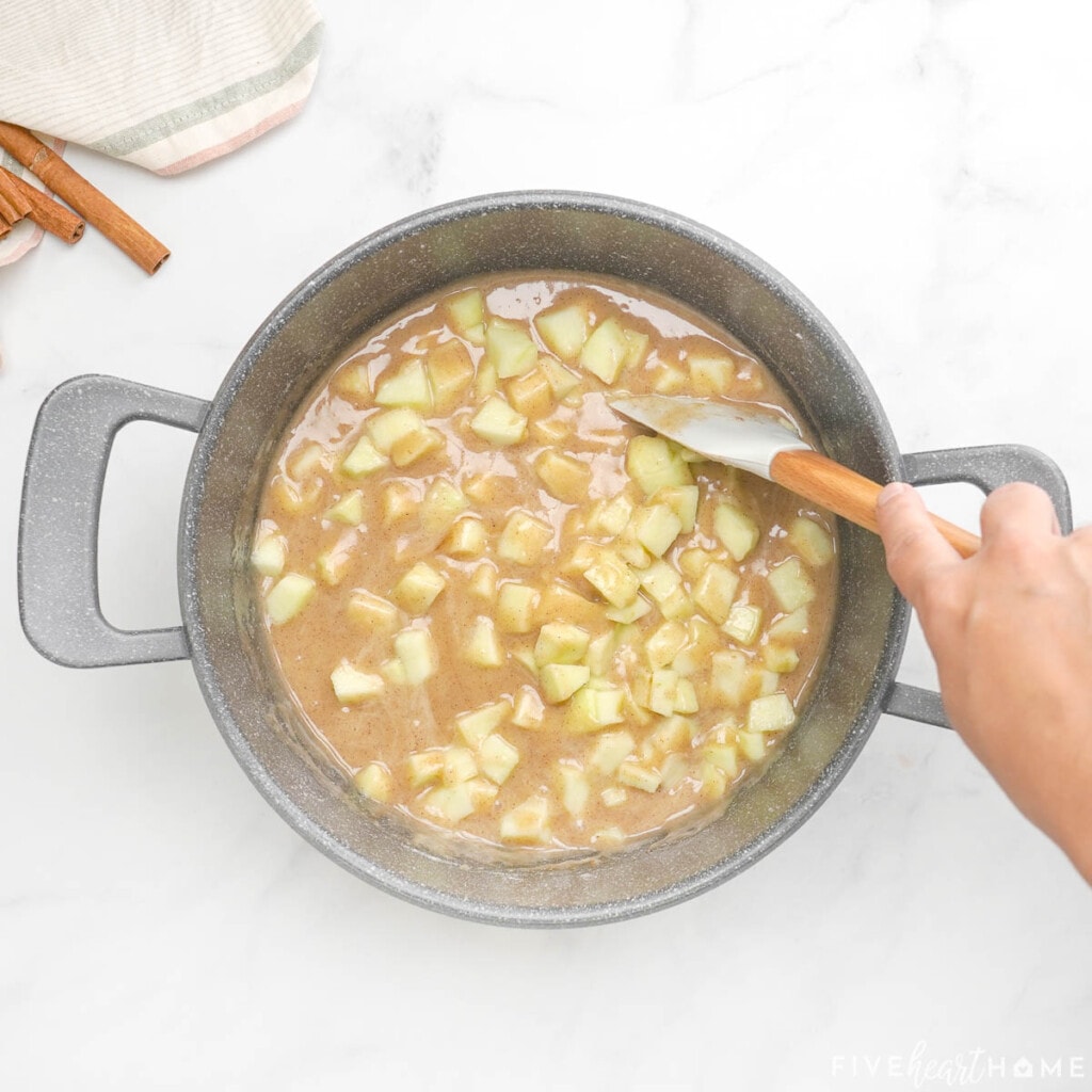 Folding diced apples into batter for Caramel Apple Cake recipe.