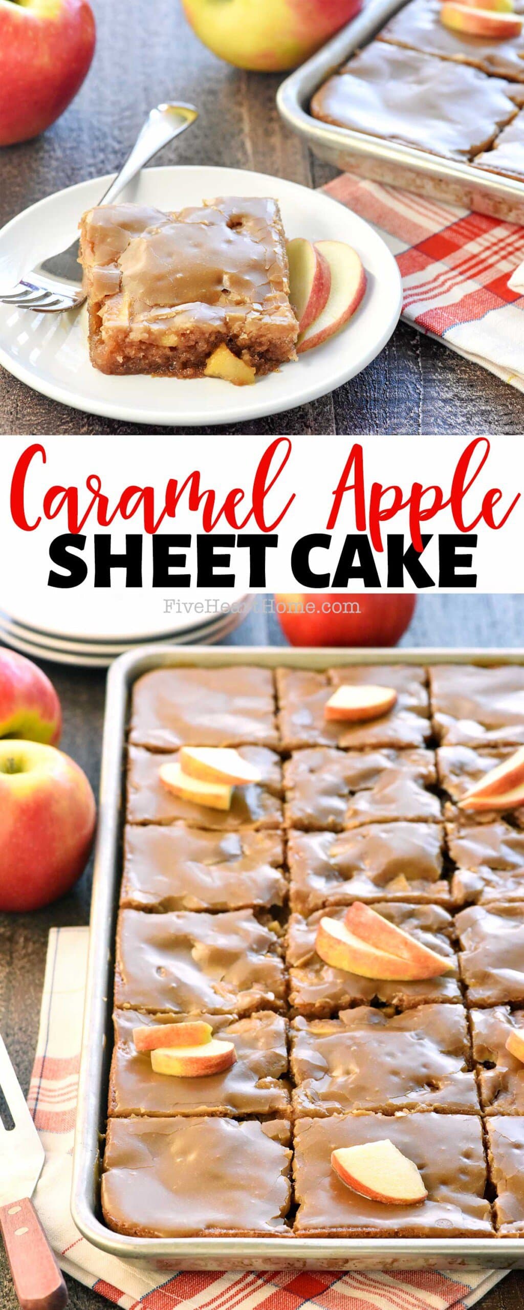 Caramel Apple Cake is a sweet, moist, fall sheet cake loaded with tender apples and topped with a gooey caramel glaze…perfect for feeding a crowd! | FiveHeartHome.com via @fivehearthome