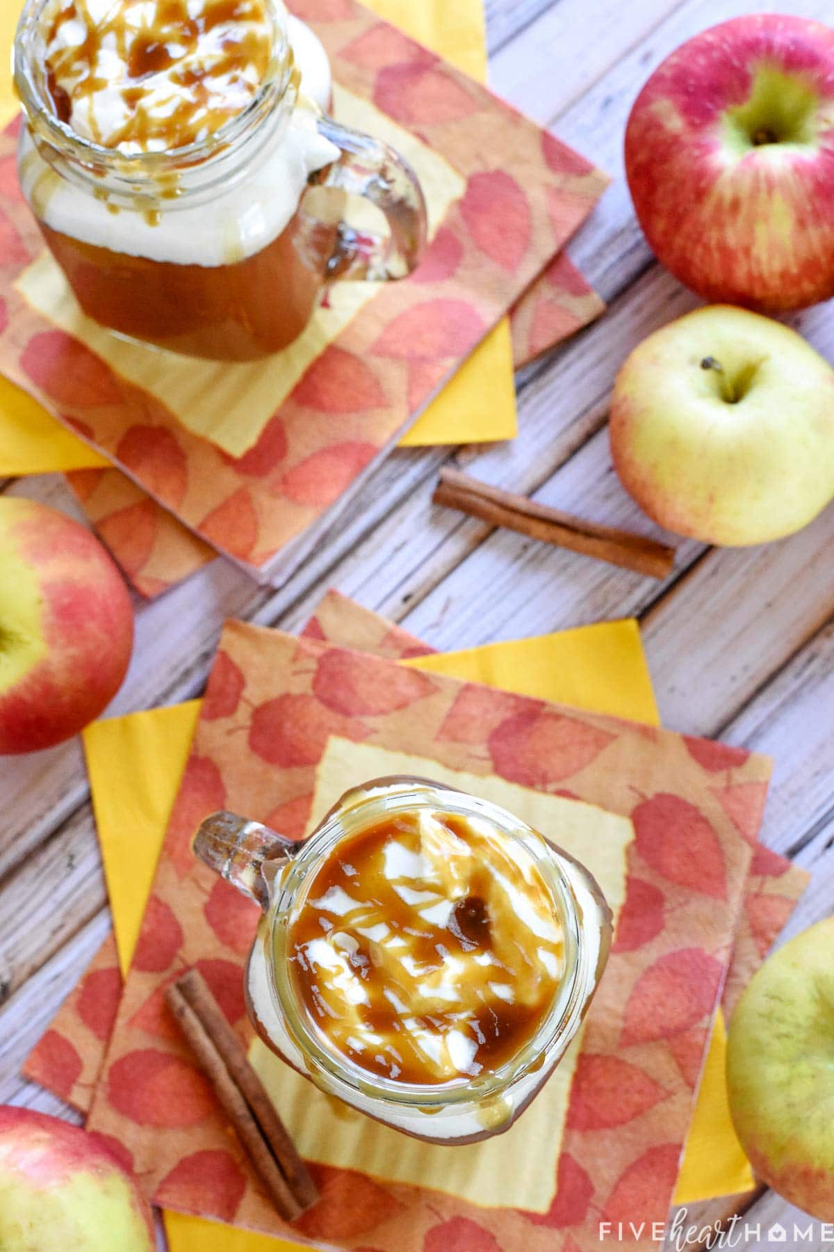 Aerial view of Caramel Apple Cider mugs.