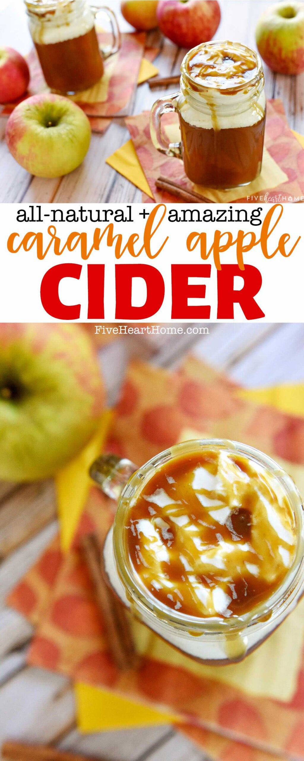 Caramel Apple Cider ~ this all-natural Starbucks copycat drink tastes like warm apple pie topped with vanilla ice cream...in a mug! | FiveHeartHome.com via @fivehearthome