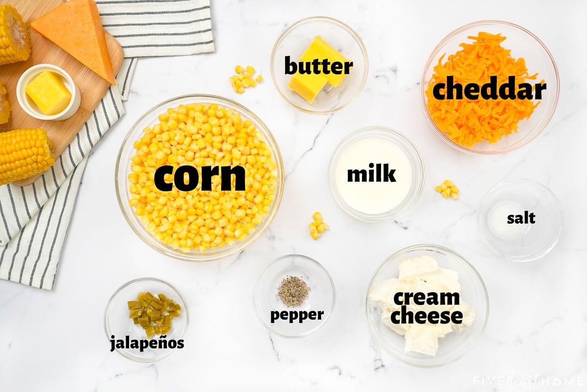 Labeled ingredients to make Cream Cheese Corn Casserole.