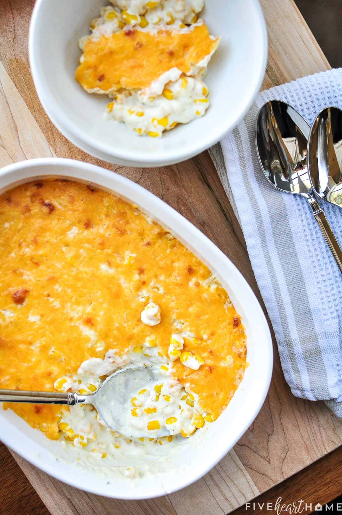 Corn casserole in baking dish and bowl.