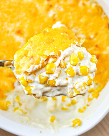 Cream Cheese Corn Casserole close-up.