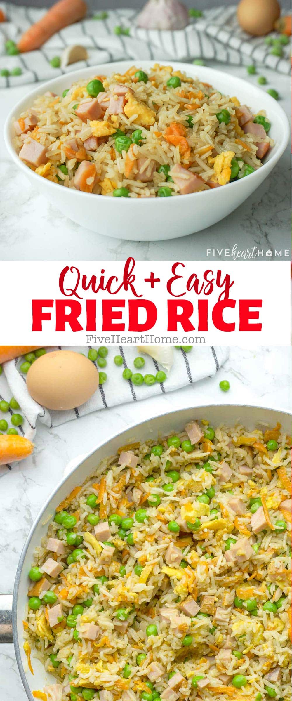 Easy Fried Rice ~ a quick and simple weeknight dinner recipe using basic ingredients and any leftovers you have on hand including rice, eggs, veggies, and your favorite protein, from diced ham to rotisserie chicken to ground beef and more…or leave out the meat for a basic but delicious egg fried rice! | FiveHeartHome.com via @fivehearthome