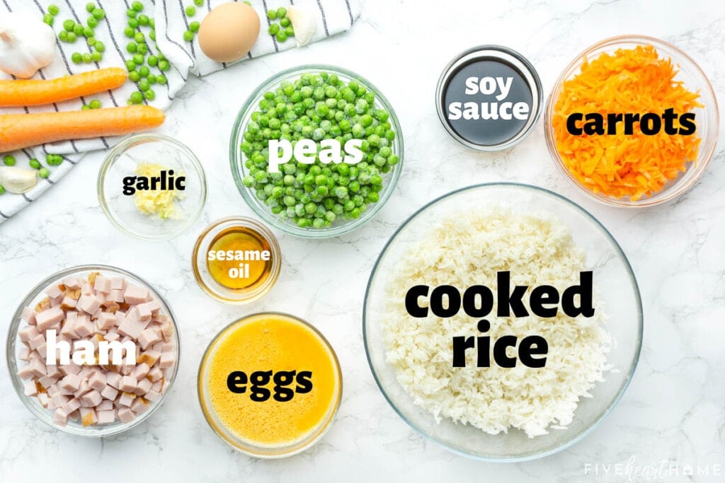 Labeled ingredients to make Easy Fried Rice recipe.