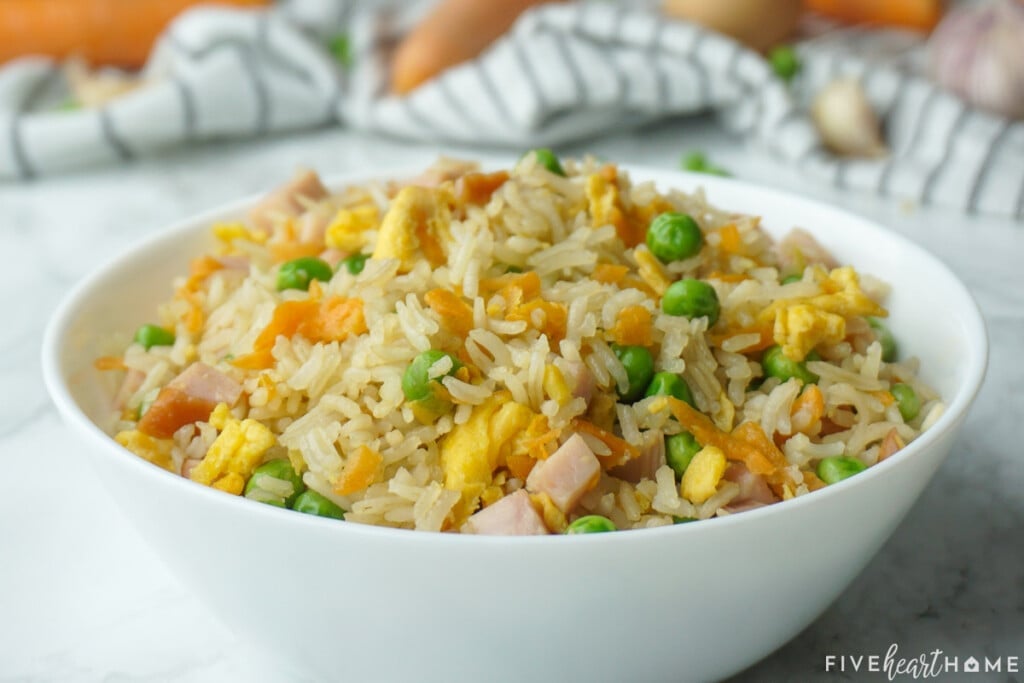 Easy Fried Rice recipe in white bowl.