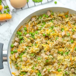 Easy Fried Rice in skillet, aerial view.