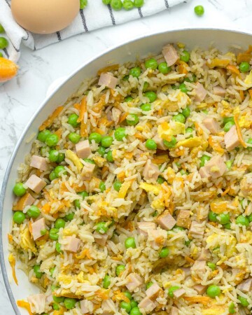 Easy Fried Rice in skillet, aerial view.