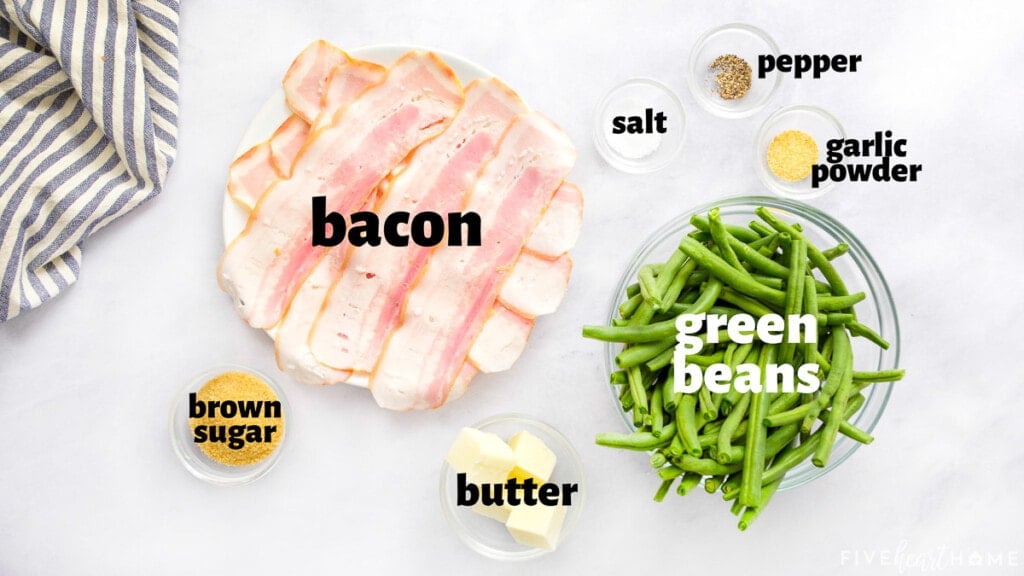 Labeled ingredients to make Green Bean Bundles.