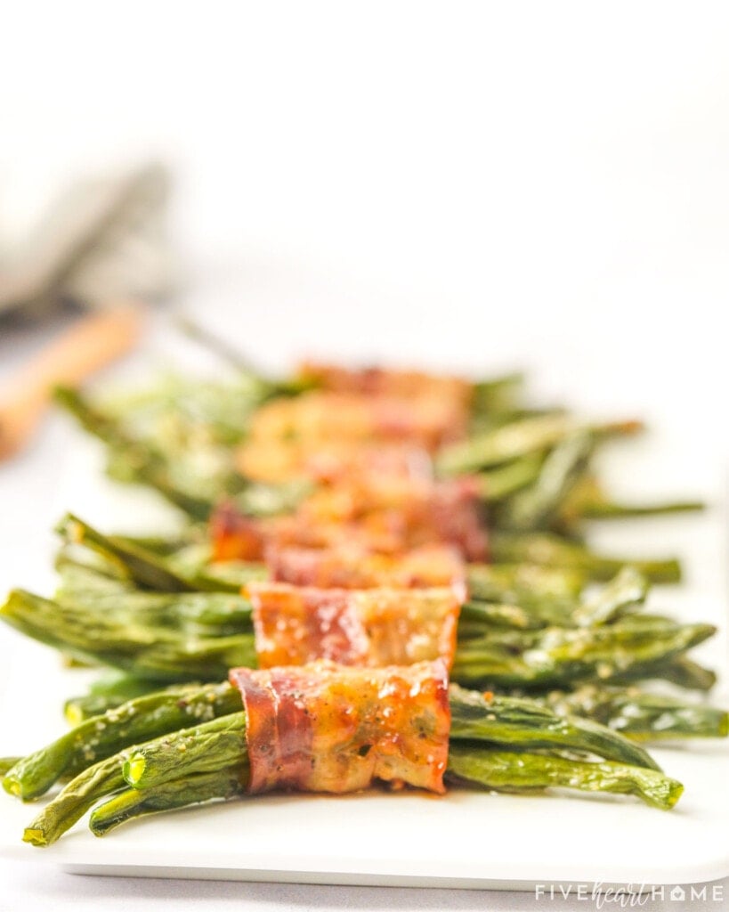 Green Bean Bundles with bacon all lined up.