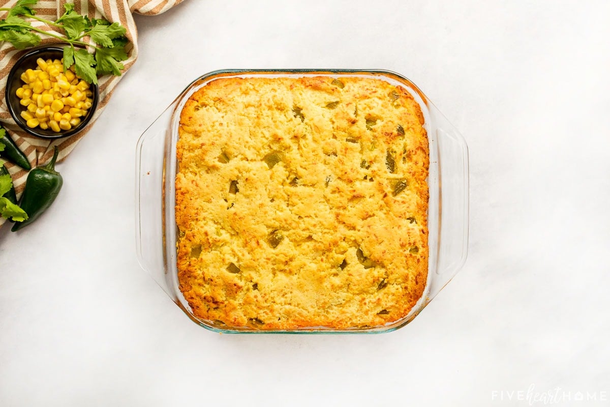 Mexican Cornbread Casserole recipe fresh out of oven.