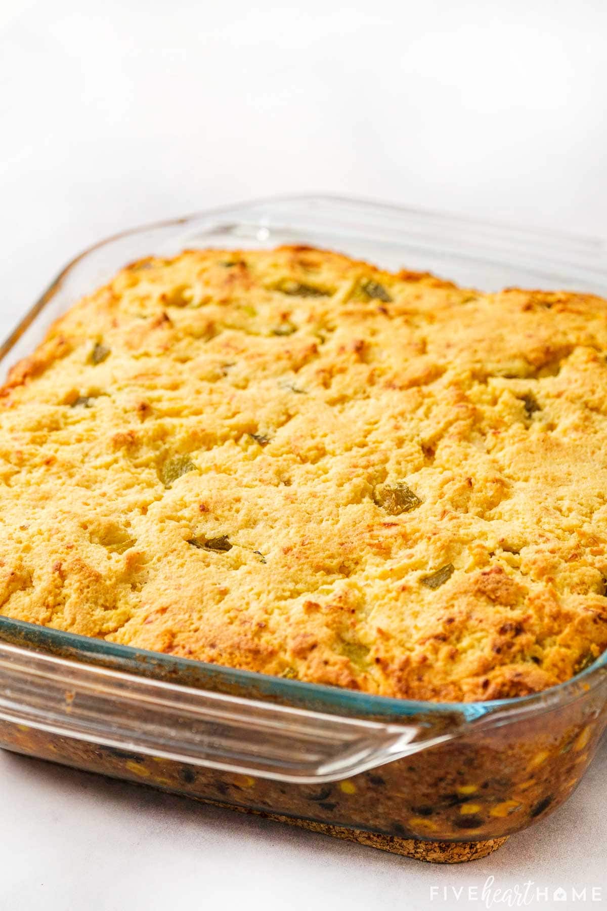 Taco Cornbread Casserole in glass baking dish.