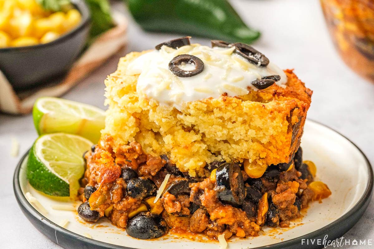 Close-up of Mexican Cornbread Casserole on plate.