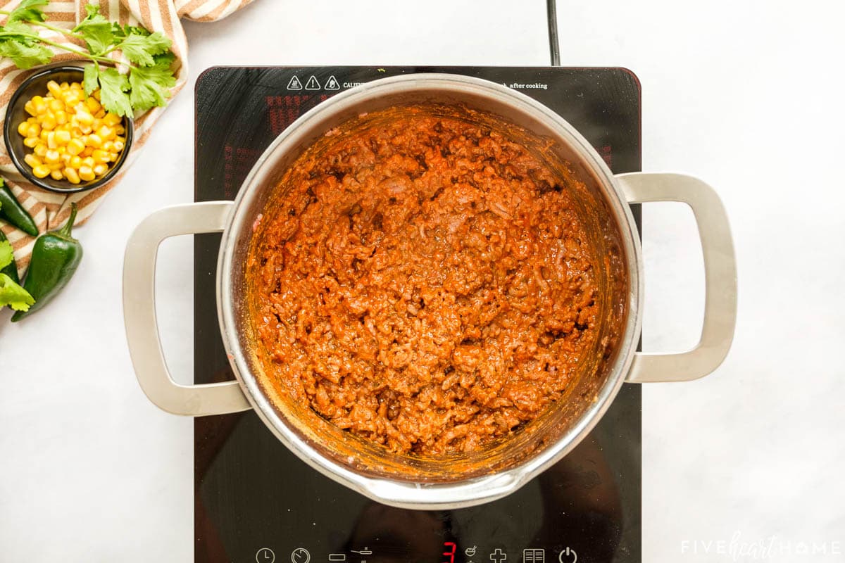 Adding salsa and taco seasoning to ground beef.