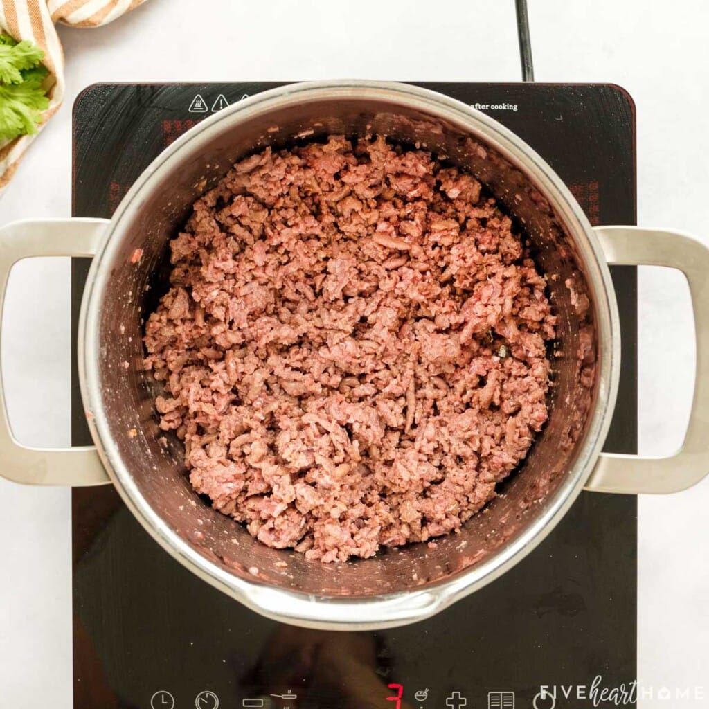 Browning ground beef for Mexican Cornbread Casserole.