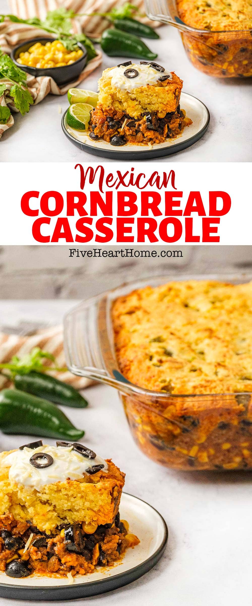 Mexican Cornbread Casserole ~ an easy, comforting dinner featuring a layer of taco-seasoned ground beef mixed with salsa, black beans, corn, and olives, and topped with green chile cheddar cornbread! | FiveHeartHome.com via @fivehearthome