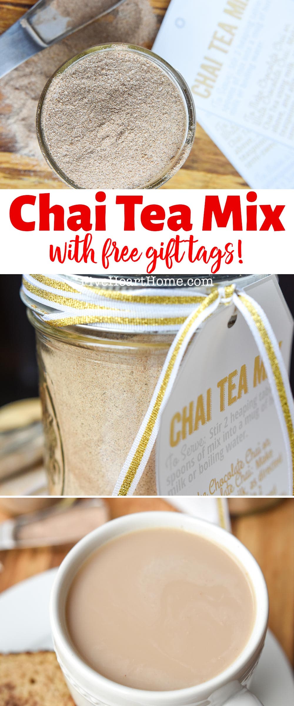 Chai Tea Mix ~ a delicious pantry staple or a unique homemade food gift for those who love Chai Tea! Use the mix to whip up everything from a chai tea latte to a vanilla chai tea milkshake, or put it in a jar with the free printable tag of directions for gift giving! | FiveHeartHome.com via @fivehearthome