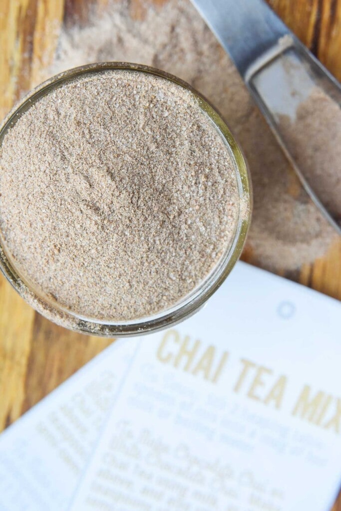 Chai Tea Mix showing chai tea powder in jar and printable food gift tags.