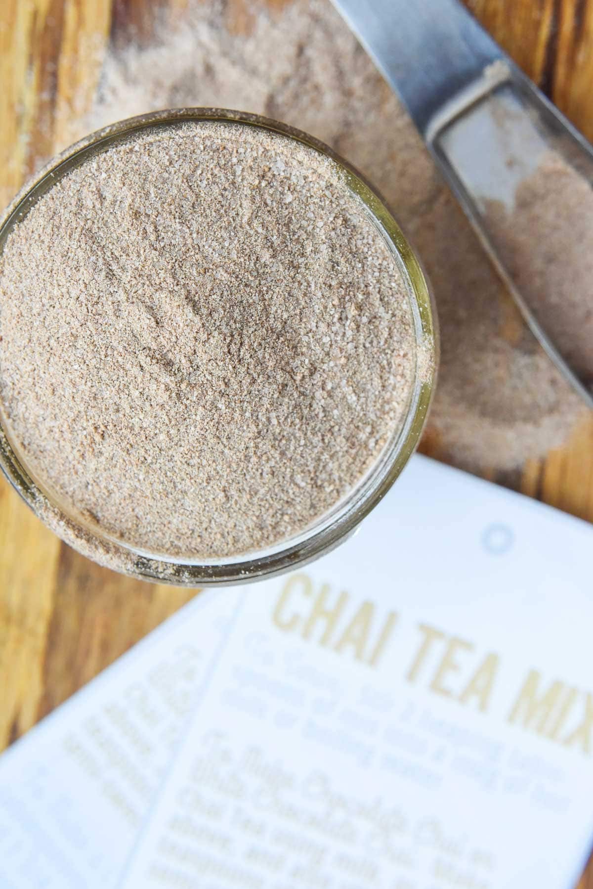 Chai Tea Mix showing chai tea powder in jar and printable food gift tags.