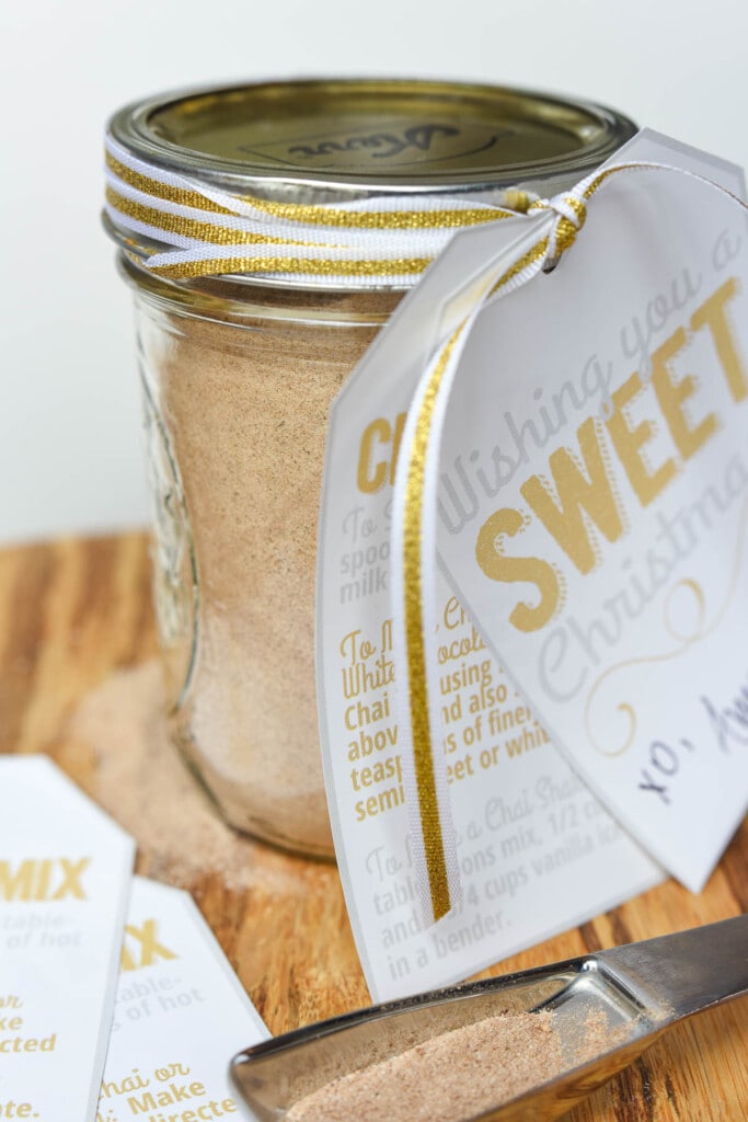Chai Tea Mix in jar with gift tag for chai tea latte.