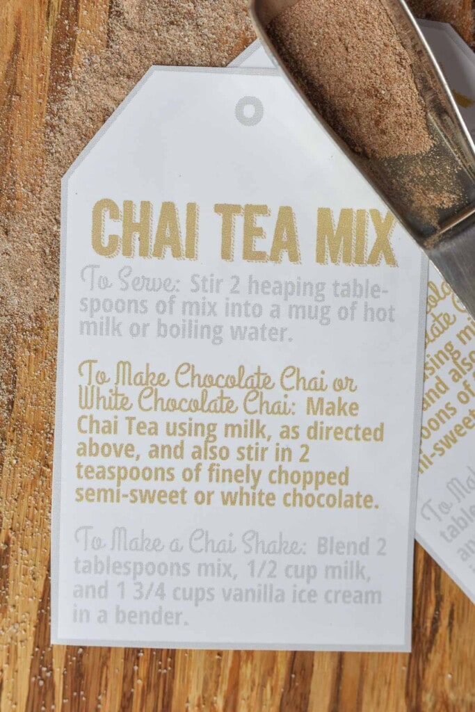 Gift tag with directions for how to make a chai tea latte and more.