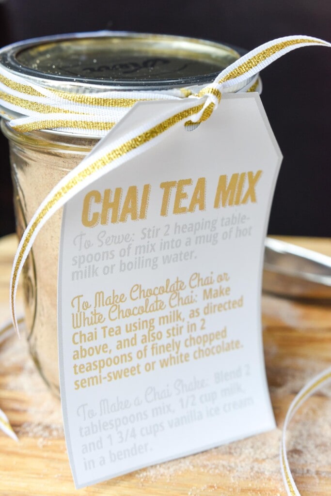 Jar of Chai Tea Mix with directions for making a chai tea latte or vanilla chai tea.