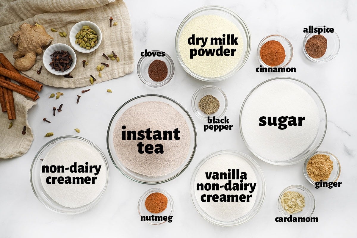 Labeled chai tea ingredients to make chai tea recipe.