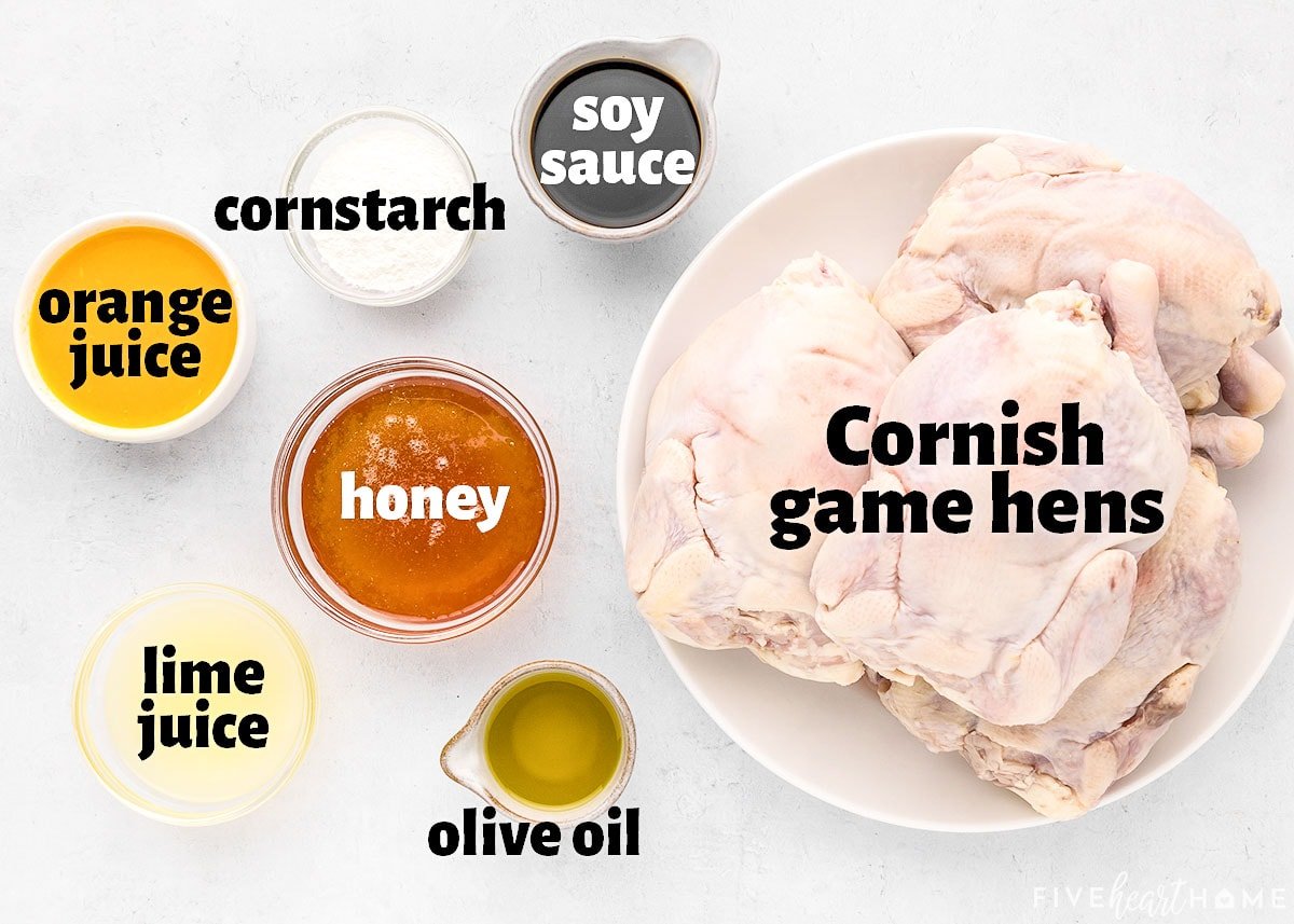 Labeled ingredients to make Cornish hen recipe with citrus glaze.