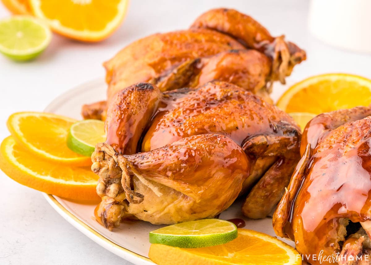 Cornish hen recipe showing close-up of glaze.