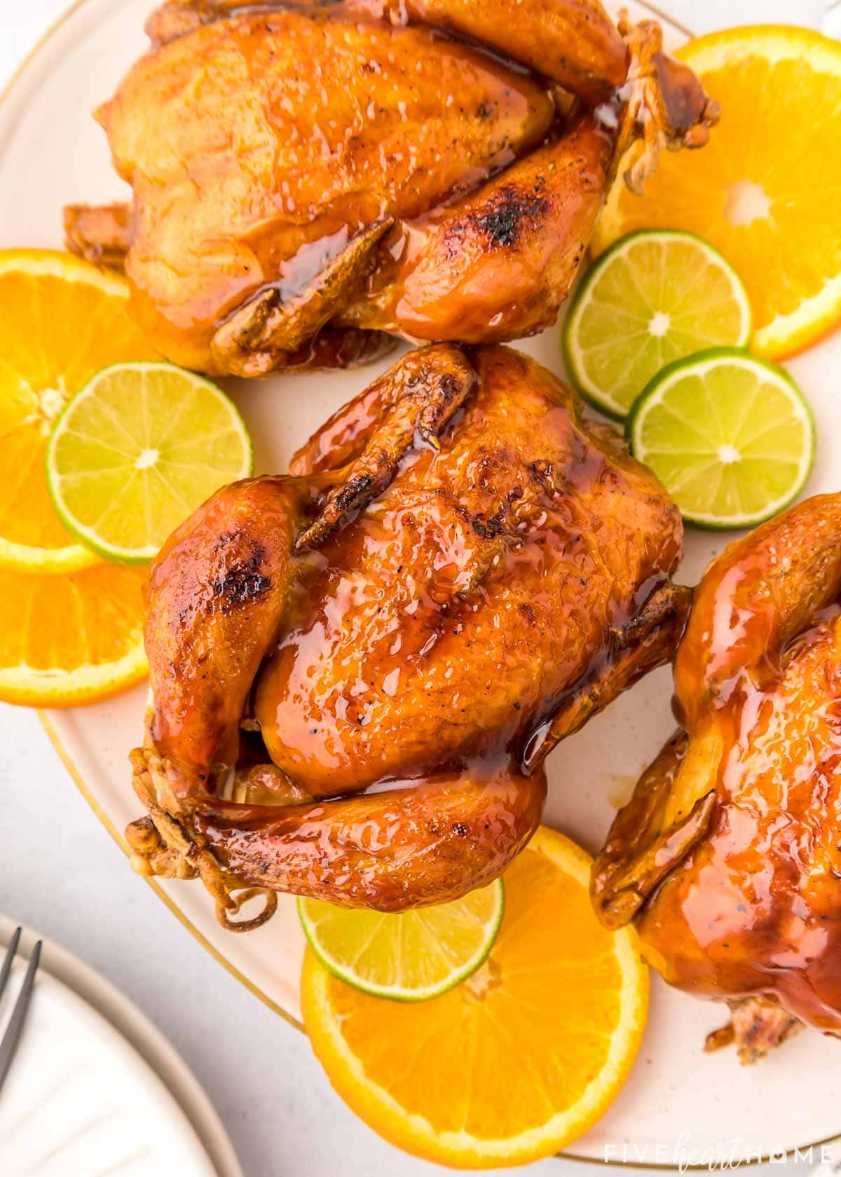 Platter displaying Cornish hen recipe.