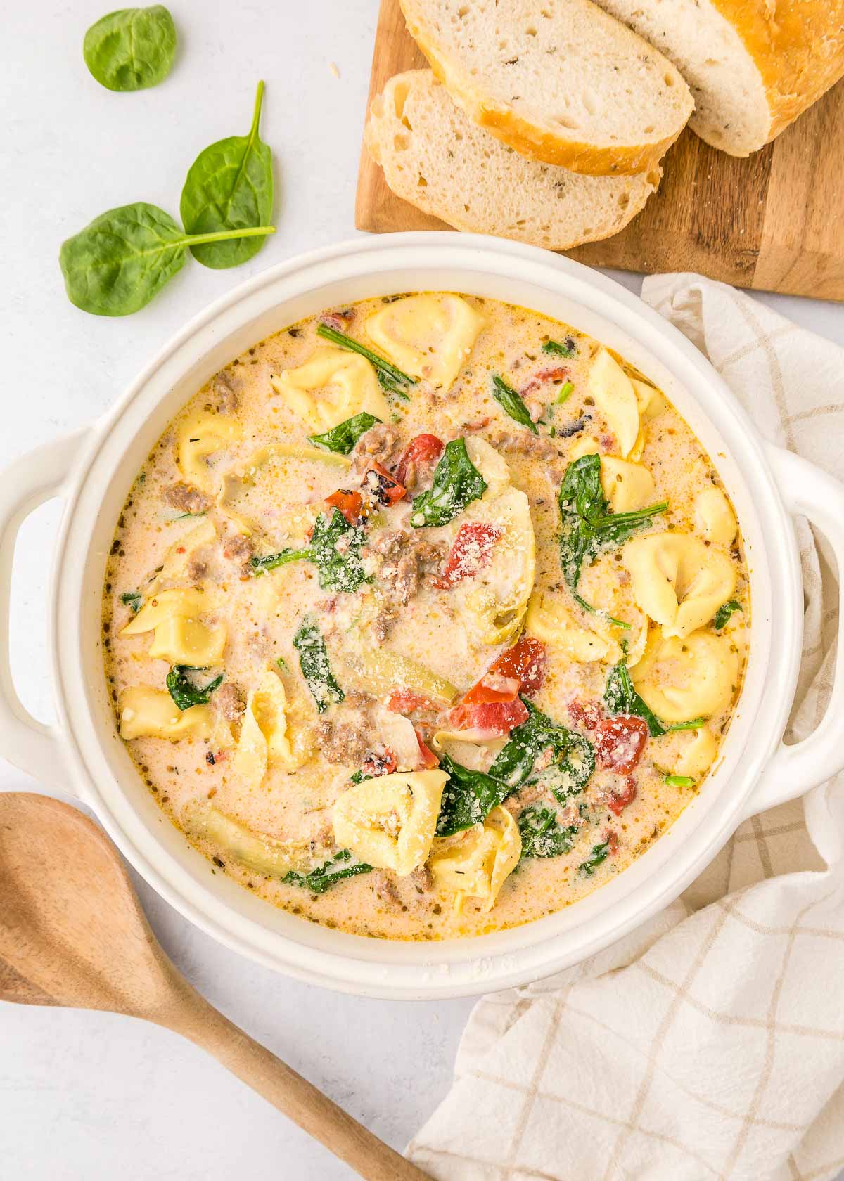 Aerial view of Sausage Tortellini Soup.