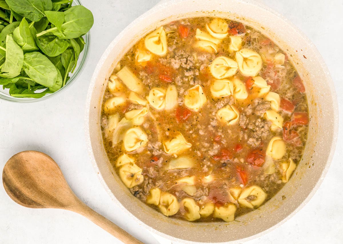 Italian Sausage Tortellini Soup in pot.