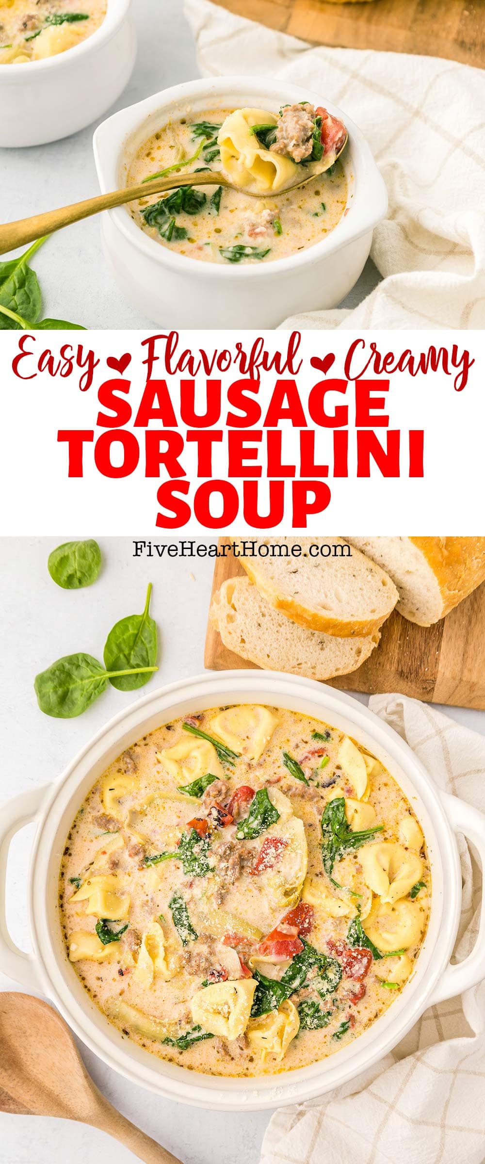 Sausage Tortellini Soup ~ this hearty, comforting soup recipe is creamy and flavorful, loaded with Italian sausage, artichoke hearts, cheese tortellini, fresh baby spinach, and more, and it’s easy to make on the stove or in the crock pot! | FiveHeartHome.com via @fivehearthome