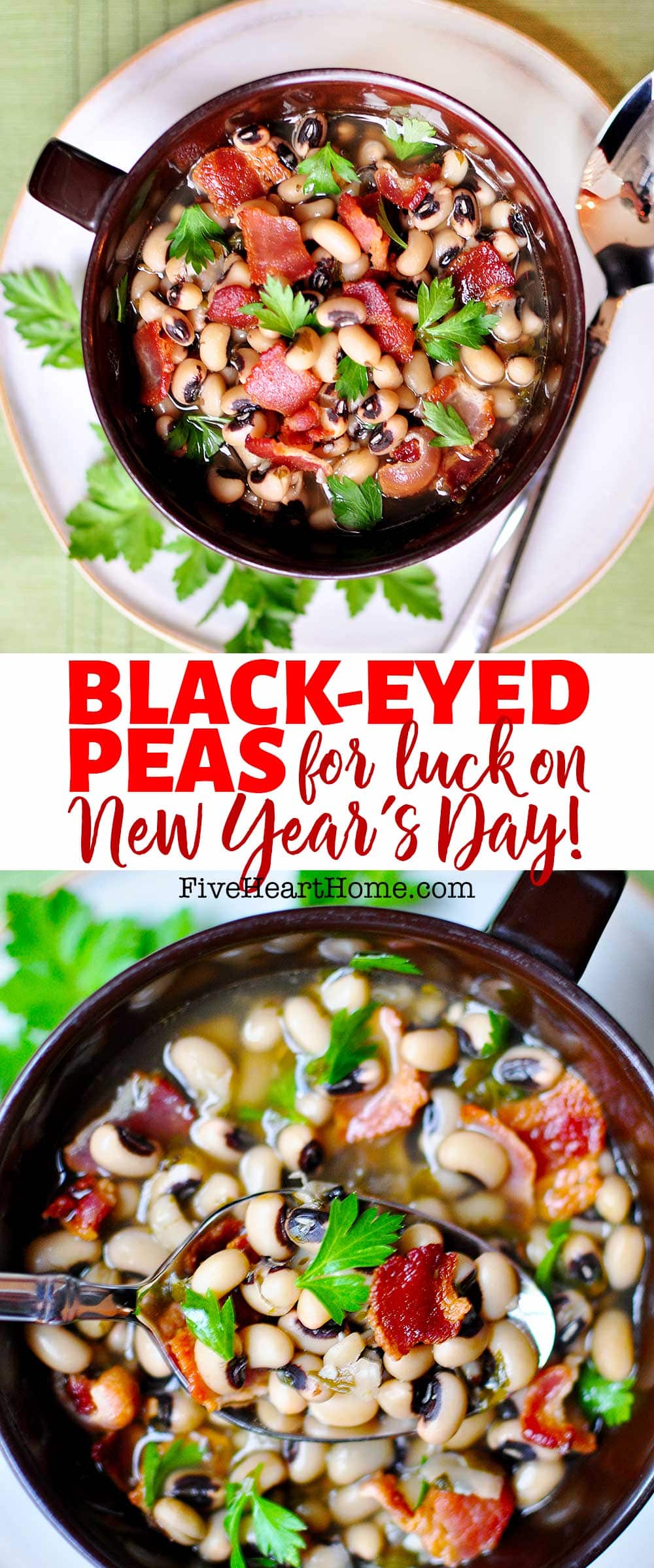 Black-Eyed Peas New Year's Recipe ~ flavored with bacon, garlic, and thyme, this savory, delicious soup is said to bring luck and prosperity when eaten on New Year's Day! | FiveHeartHome.com via @fivehearthome