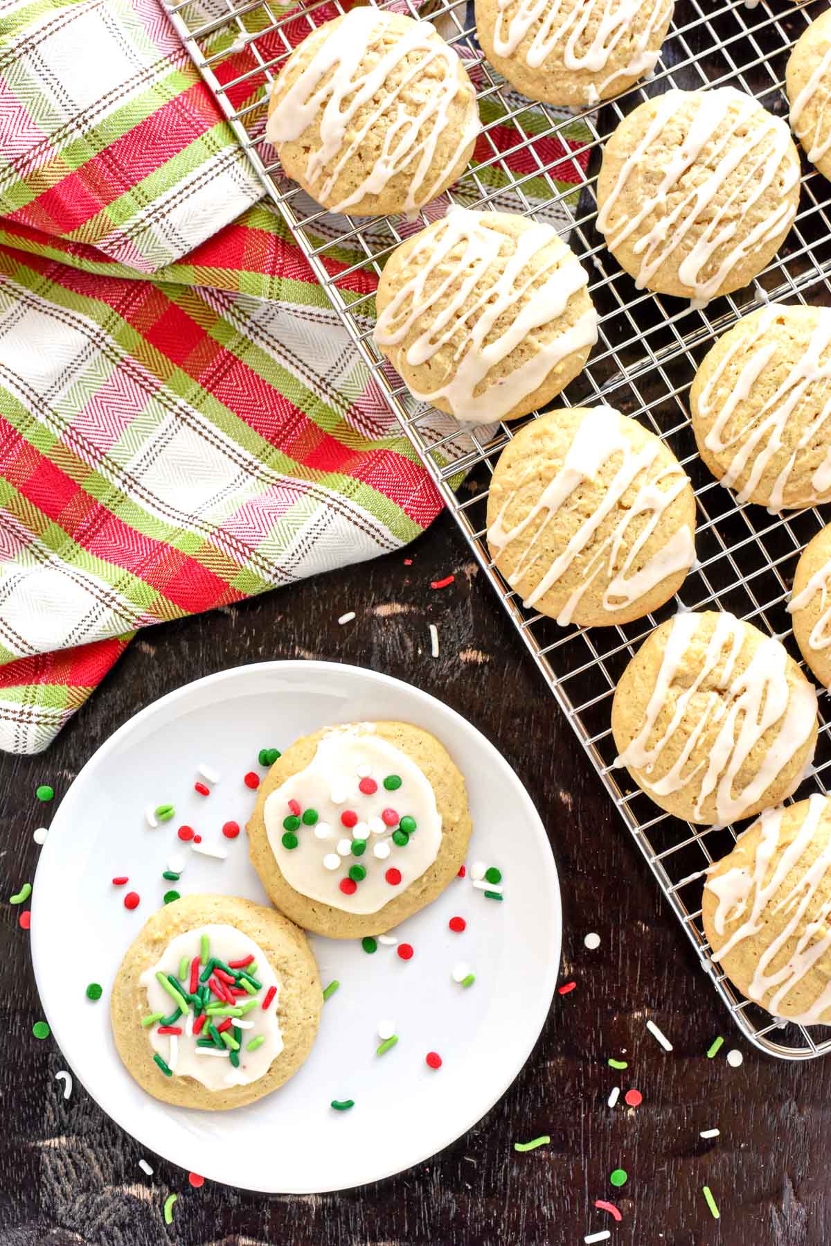 Aerial view of Eggnog Cookies with eggnog glaze.