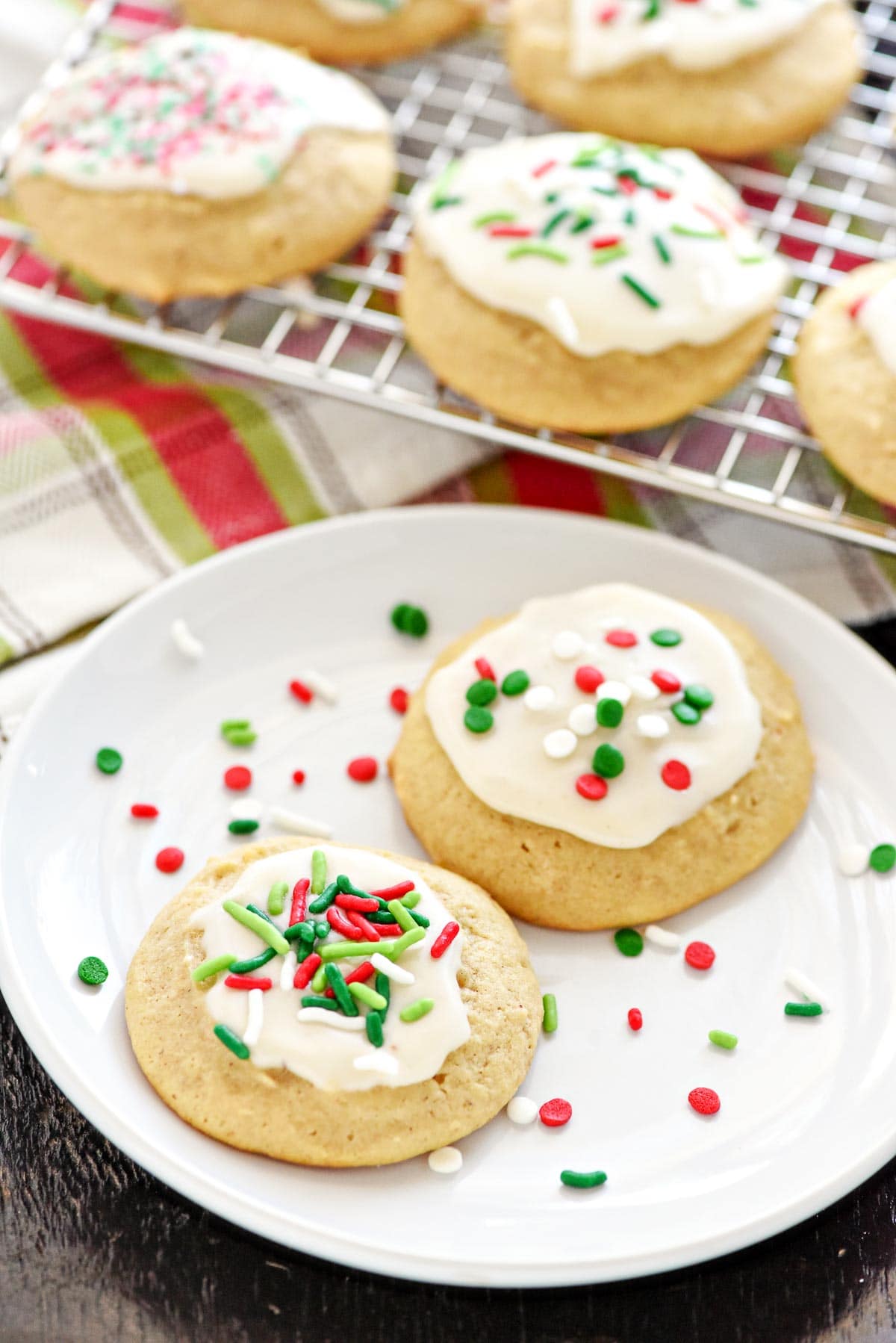 Eggnog Cookies on plate and cooling rack.
