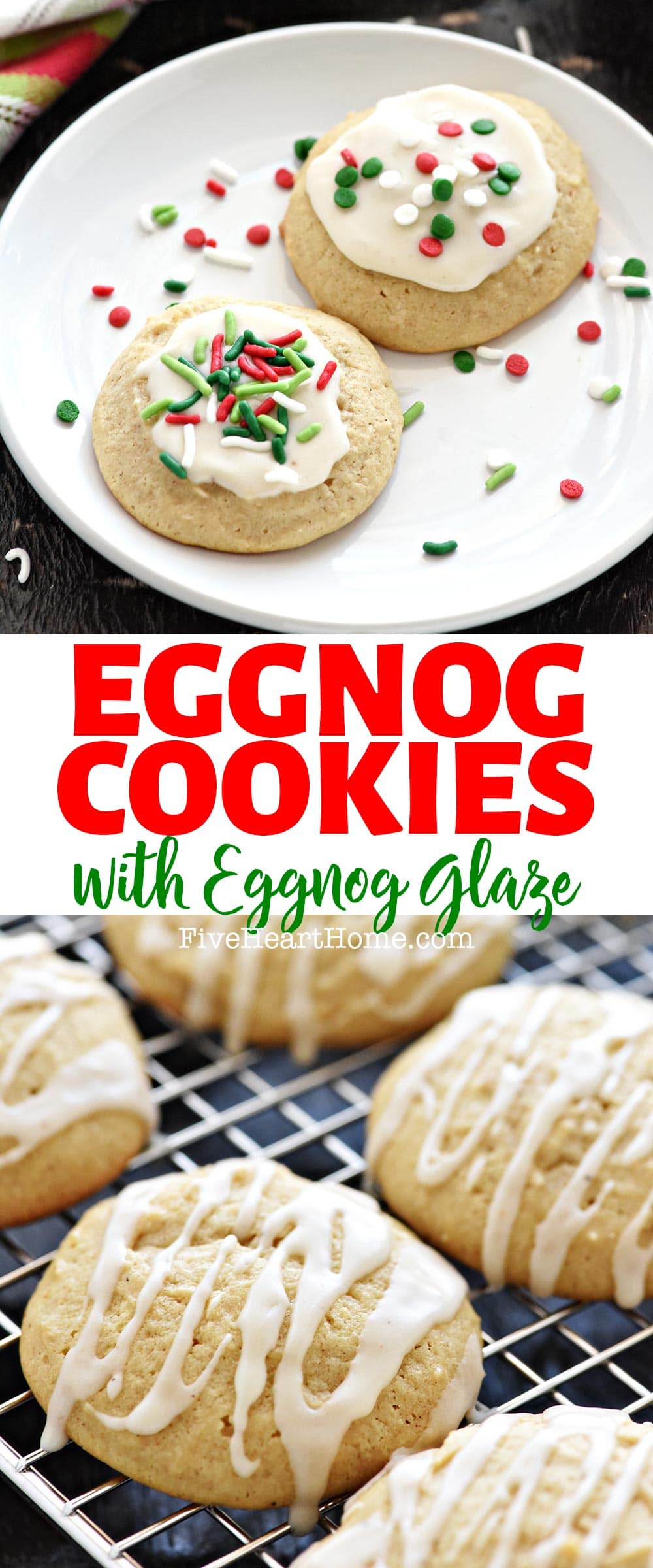 Eggnog Cookies ~ these Christmas cookies are soft, tender, and delicately flavored with eggnog and spices before being topped with a sweet eggnog glaze and festive Christmas sprinkles! | FiveHeartHome.com via @fivehearthome