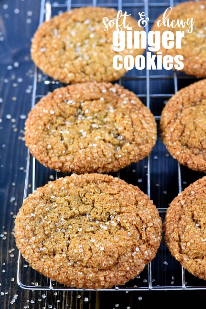 Soft and chewy ginger cookies with text overlay.