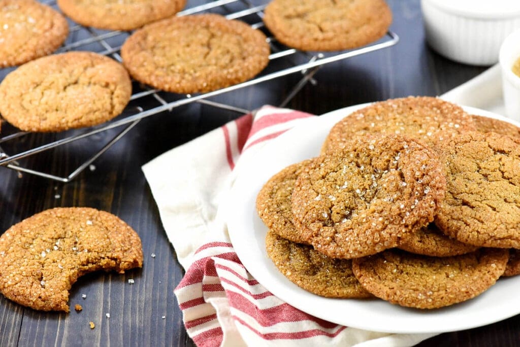 Ginger Cookies on plate and cooling rack.